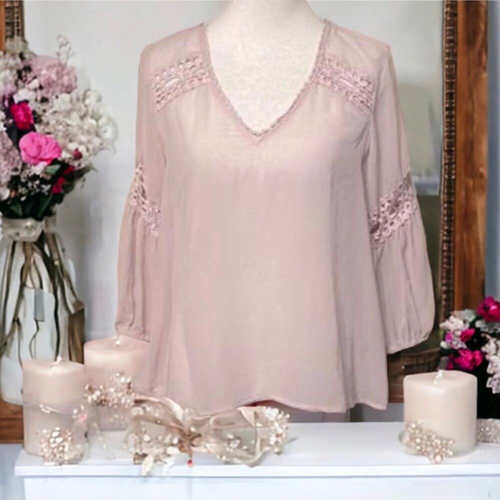 VICTORIA’S Secret Sheer Peasant Poet Chiffon Blouse Crochet Detail Size Small